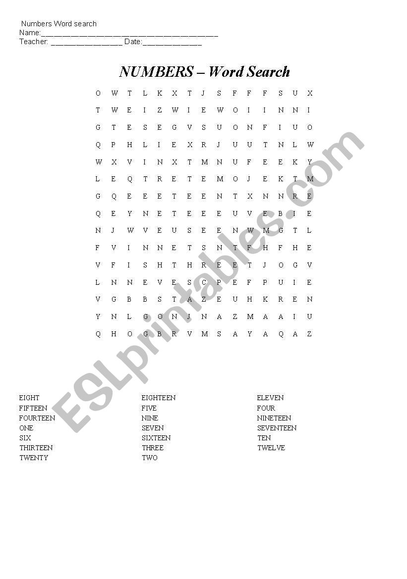 Numbers- Word Search worksheet