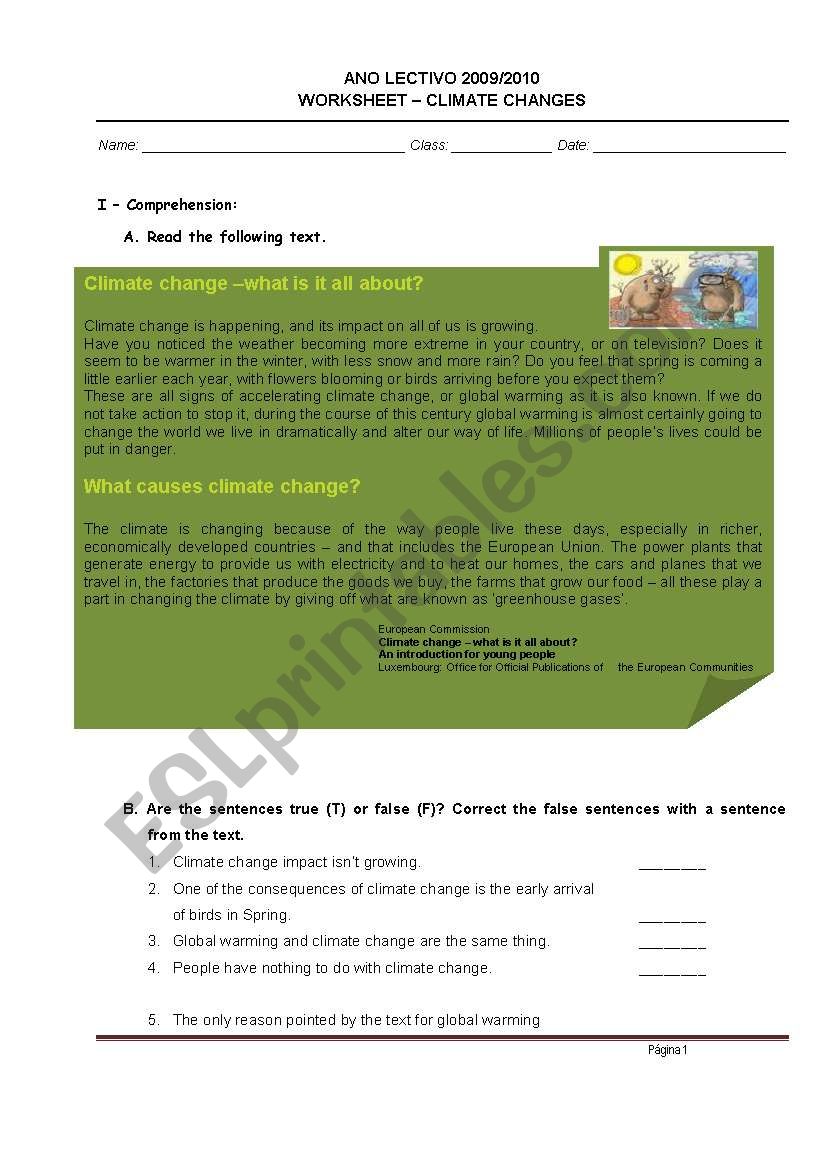 Climate changes  worksheet