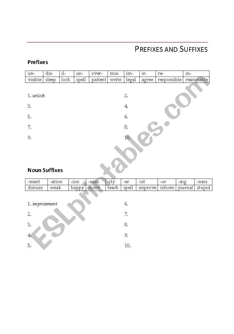 Prefixes and Suffixes Exercise