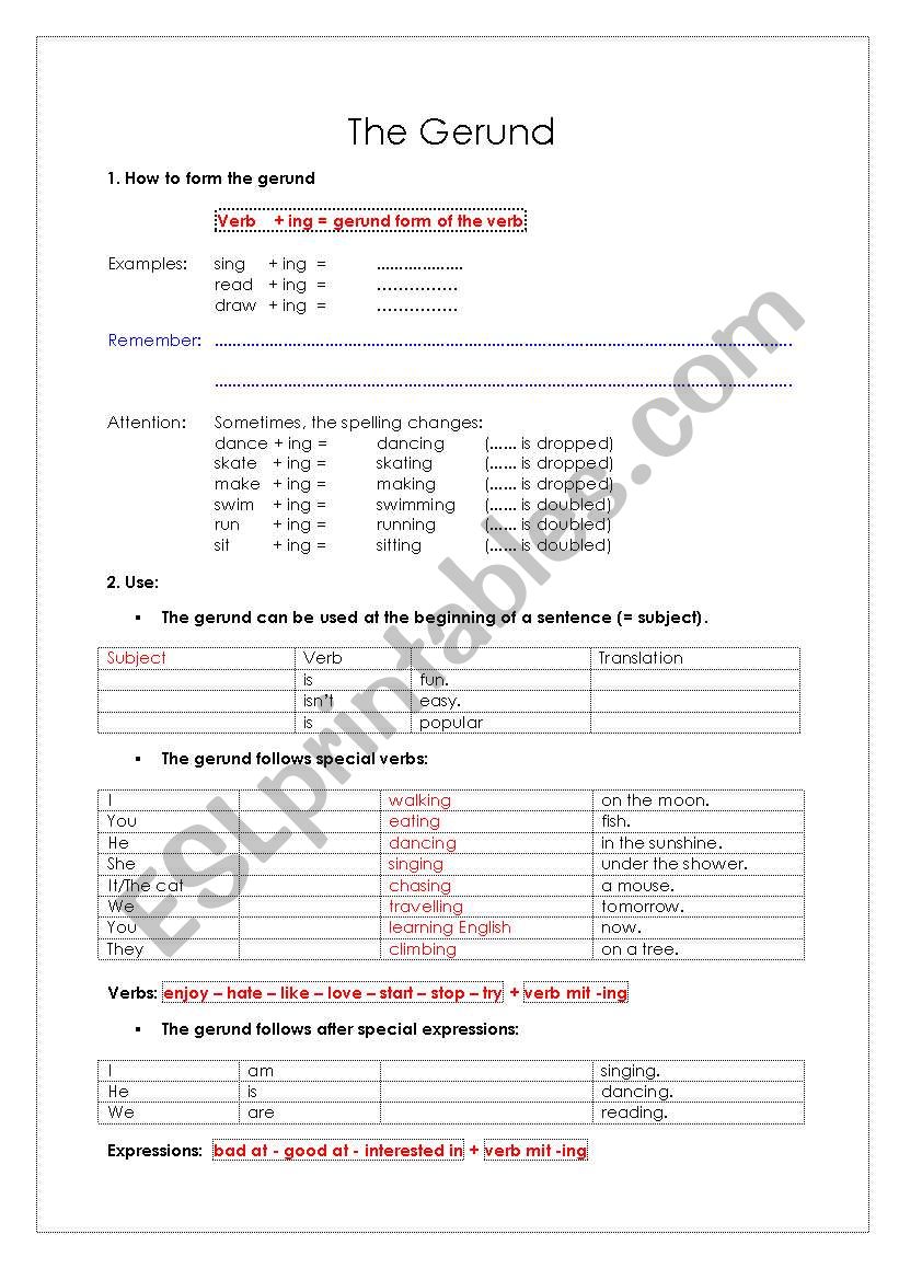 The Gerund - form and use worksheet