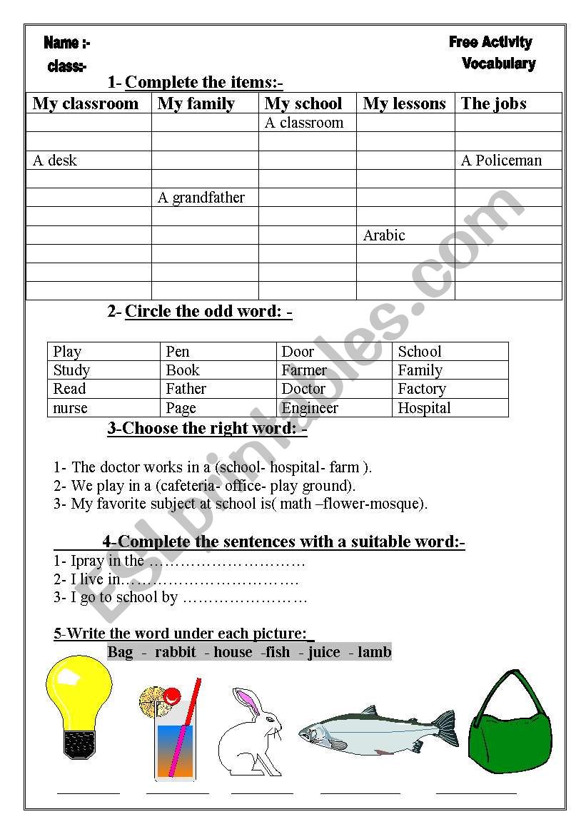 Extra activity worksheet