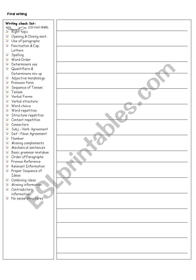 WRITING CHECKLIST  worksheet