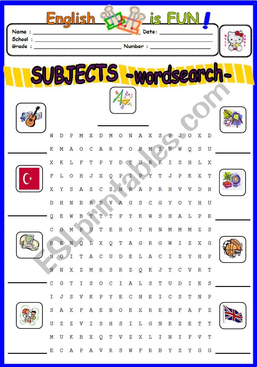 School Subjects wordsearch puzzle