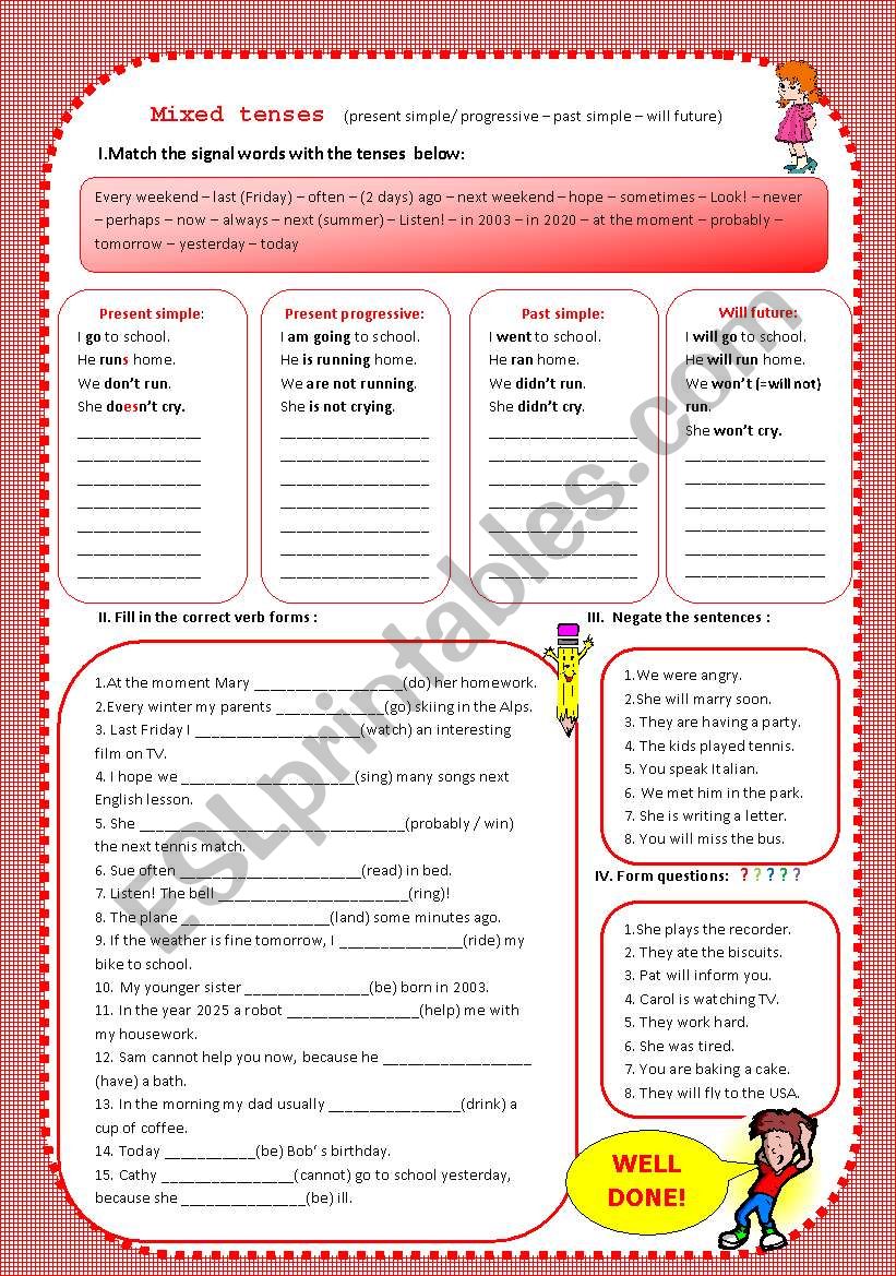 Tenses (present simple / progressive - past simple - will future)