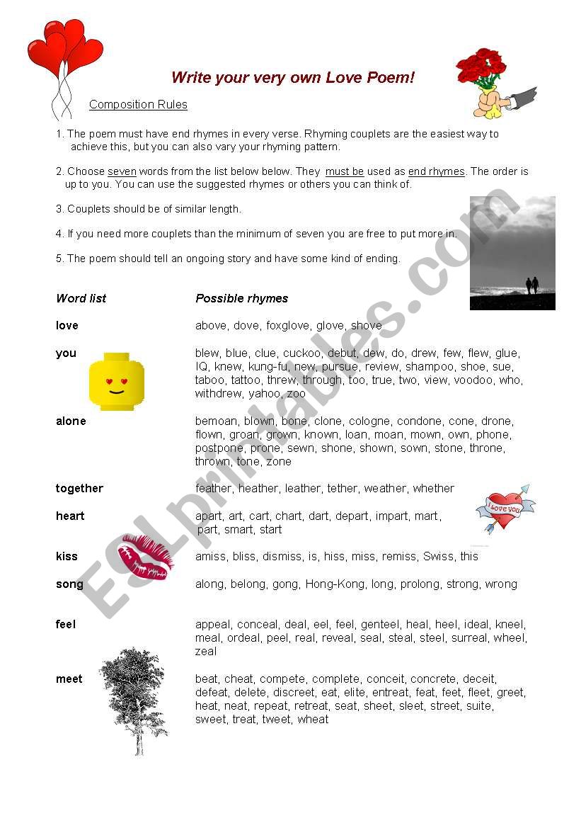 Guided Writing: Love poems worksheet