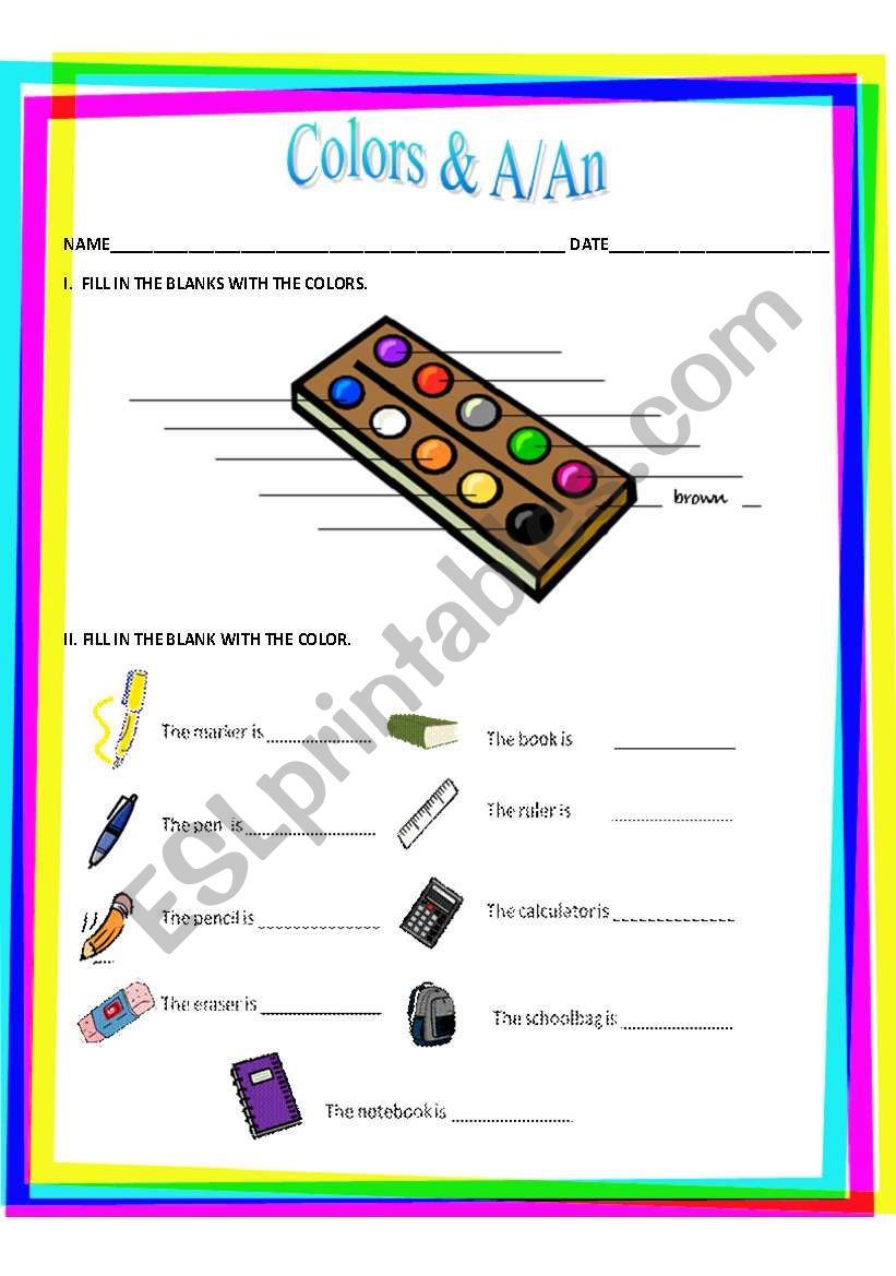 Colors and a/an worksheet
