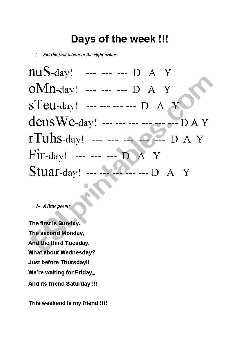 Days Of Week Poem English worksheets: Days of the week in poem