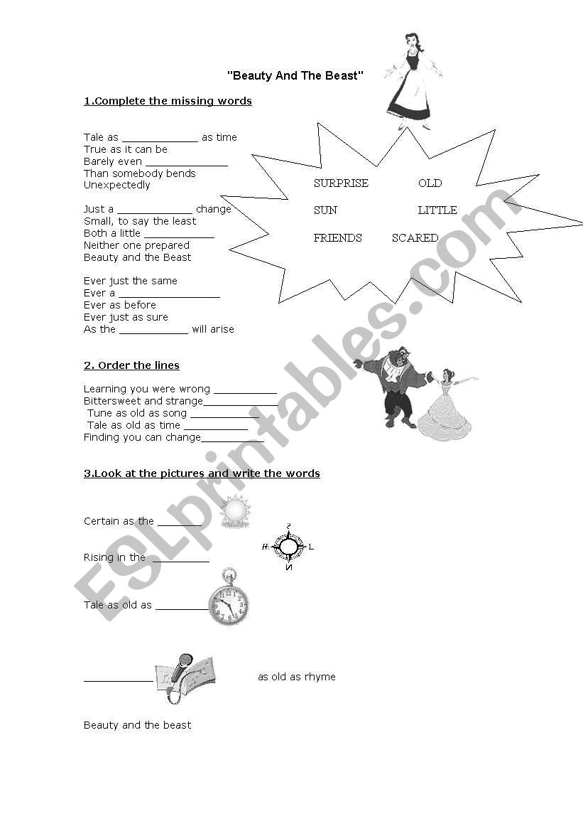 song beauty and the beast worksheet