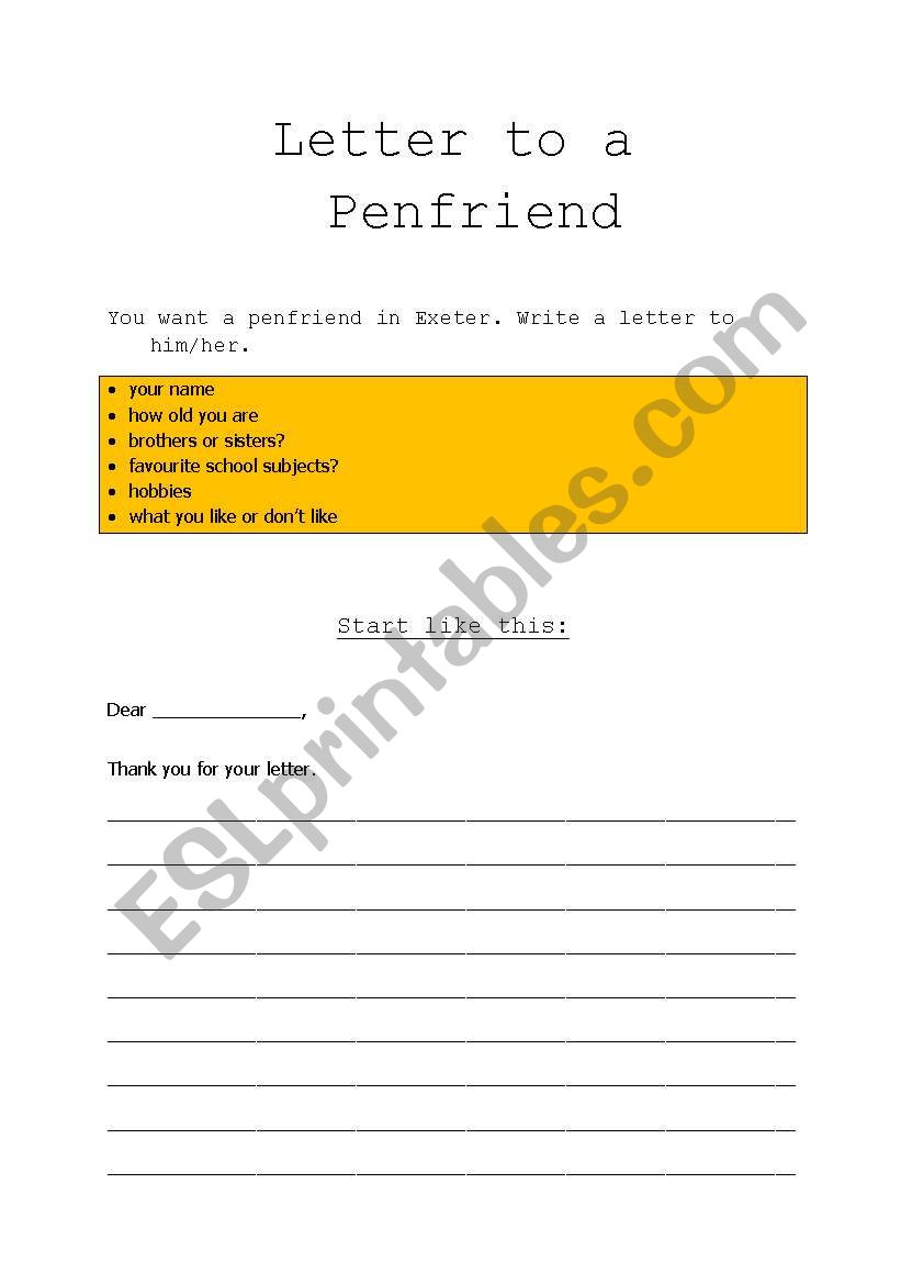 letter to a penfriend worksheet