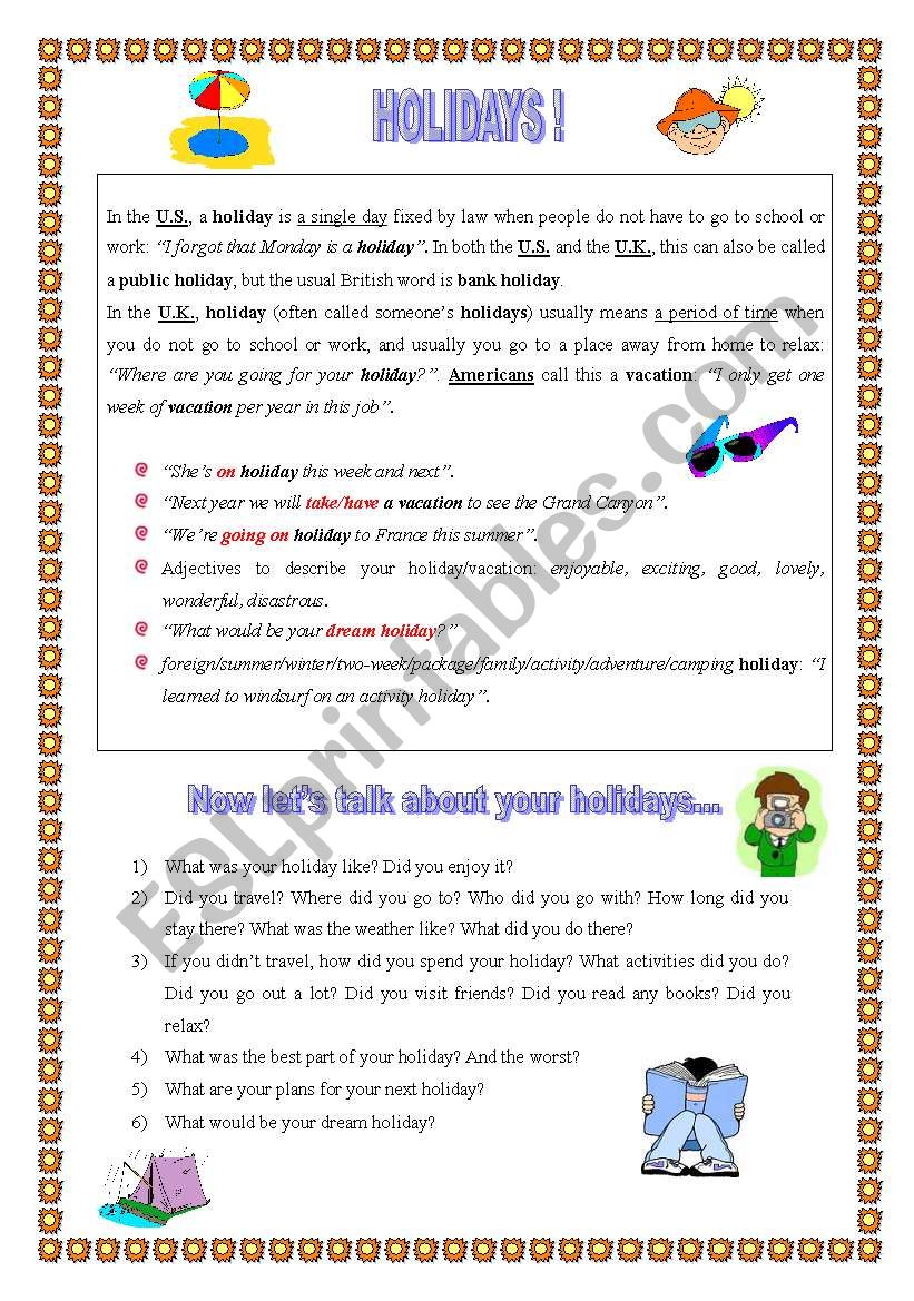 Holidays worksheet