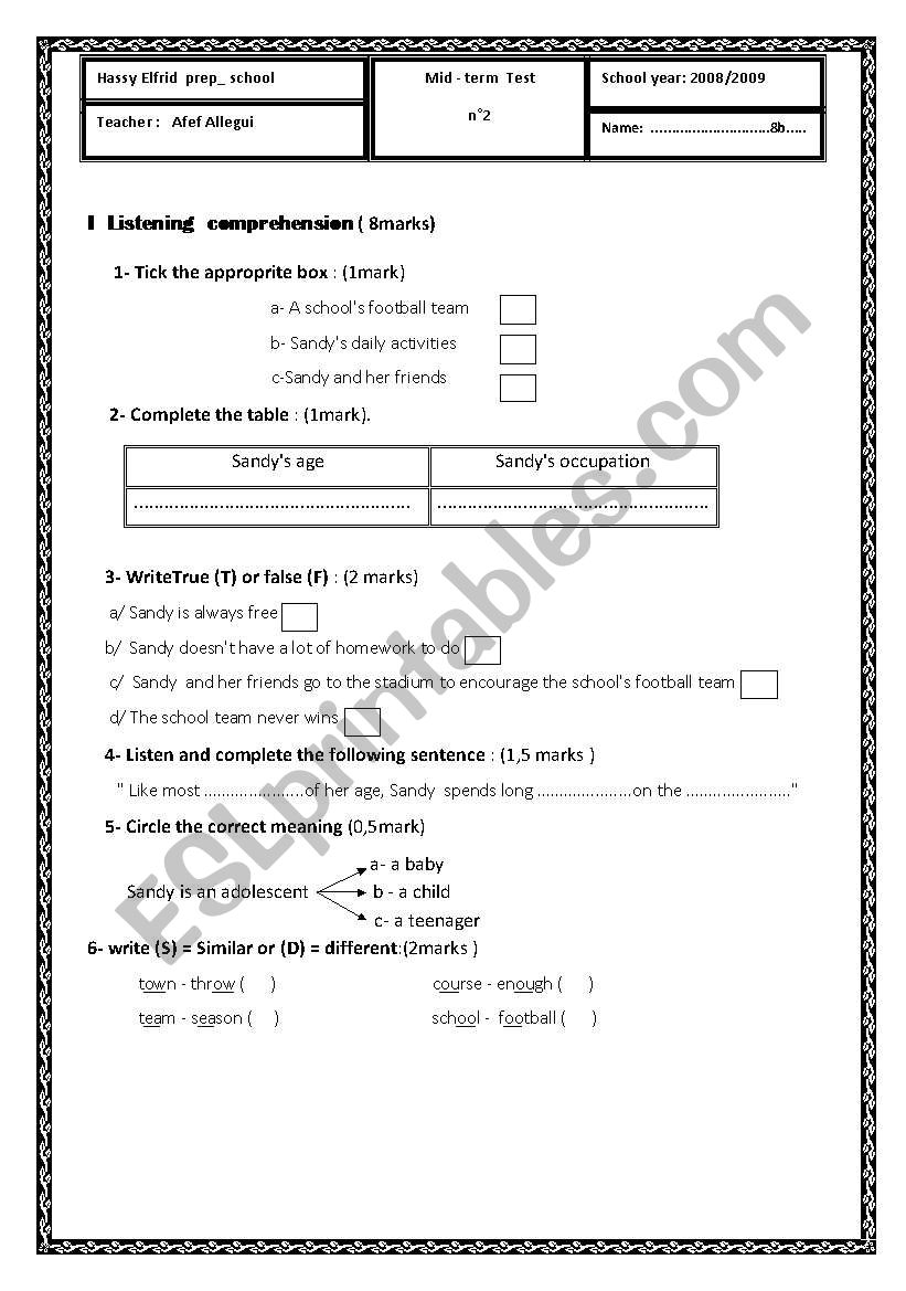 a mid term test 2 for the 8th year