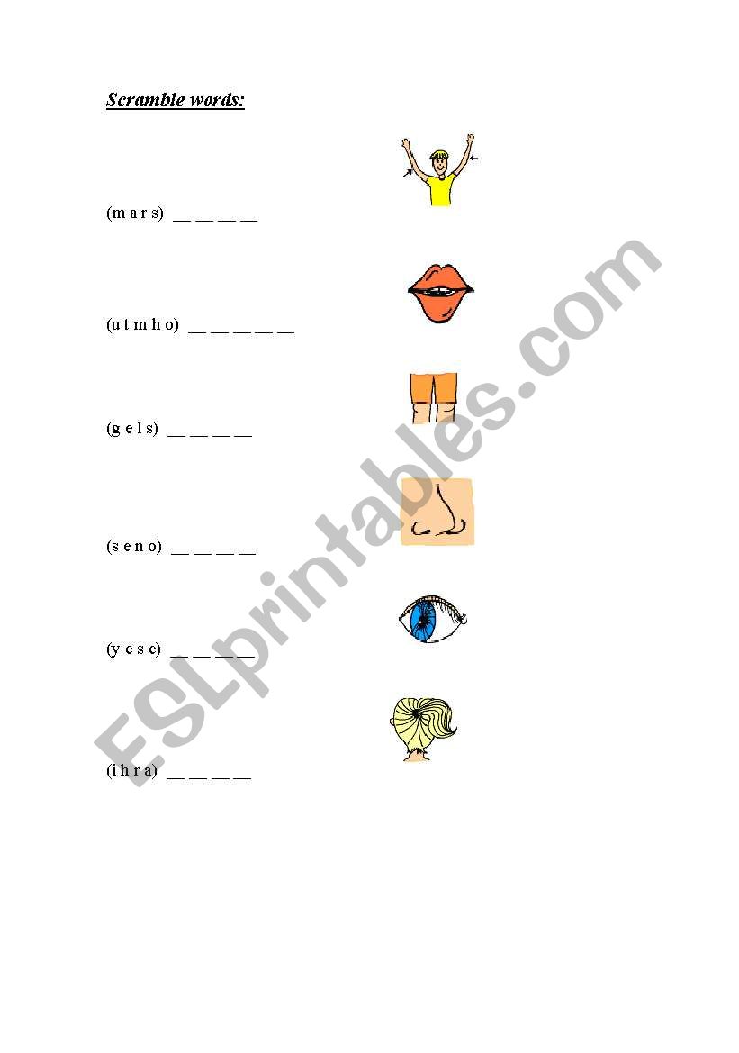 scramble word body worksheet