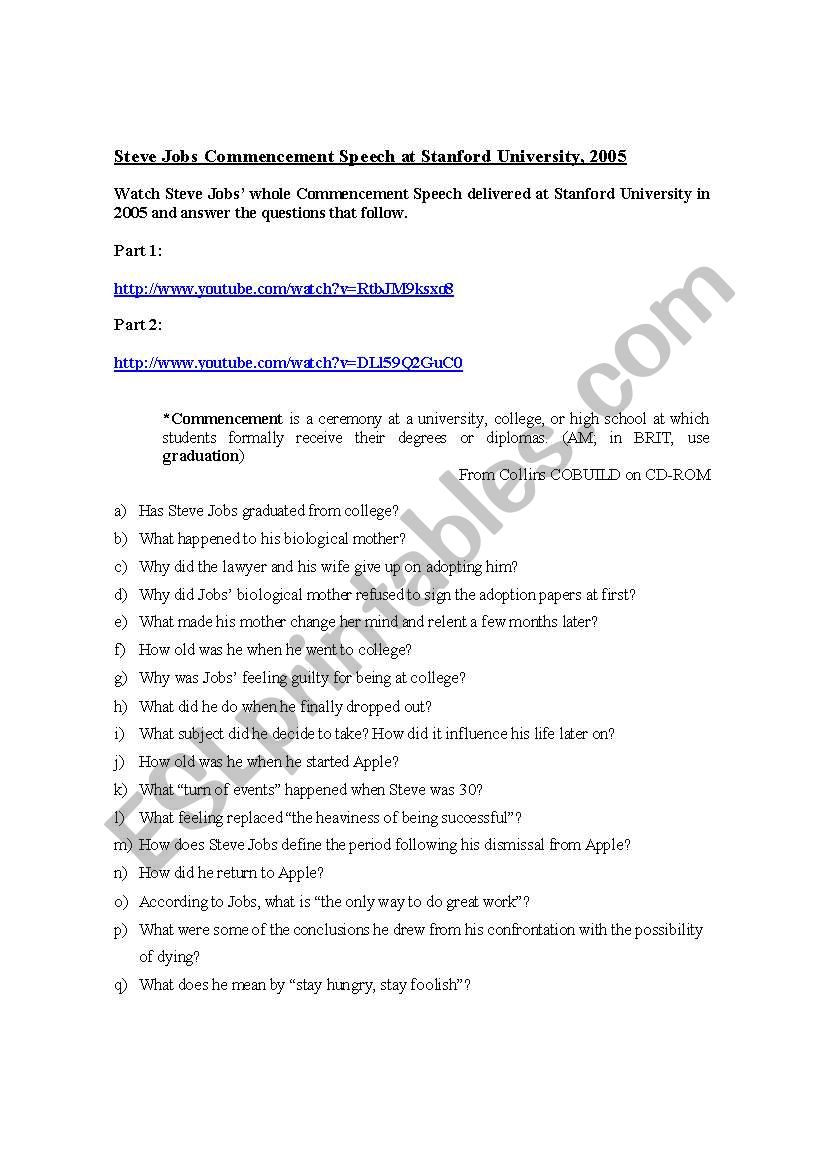 steve jobs speech at stanford university worksheet