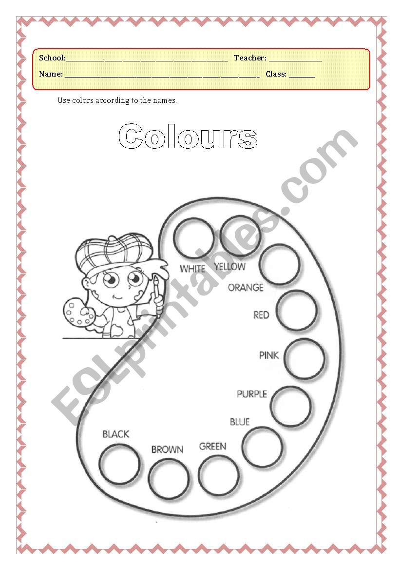 Palette of colours worksheet