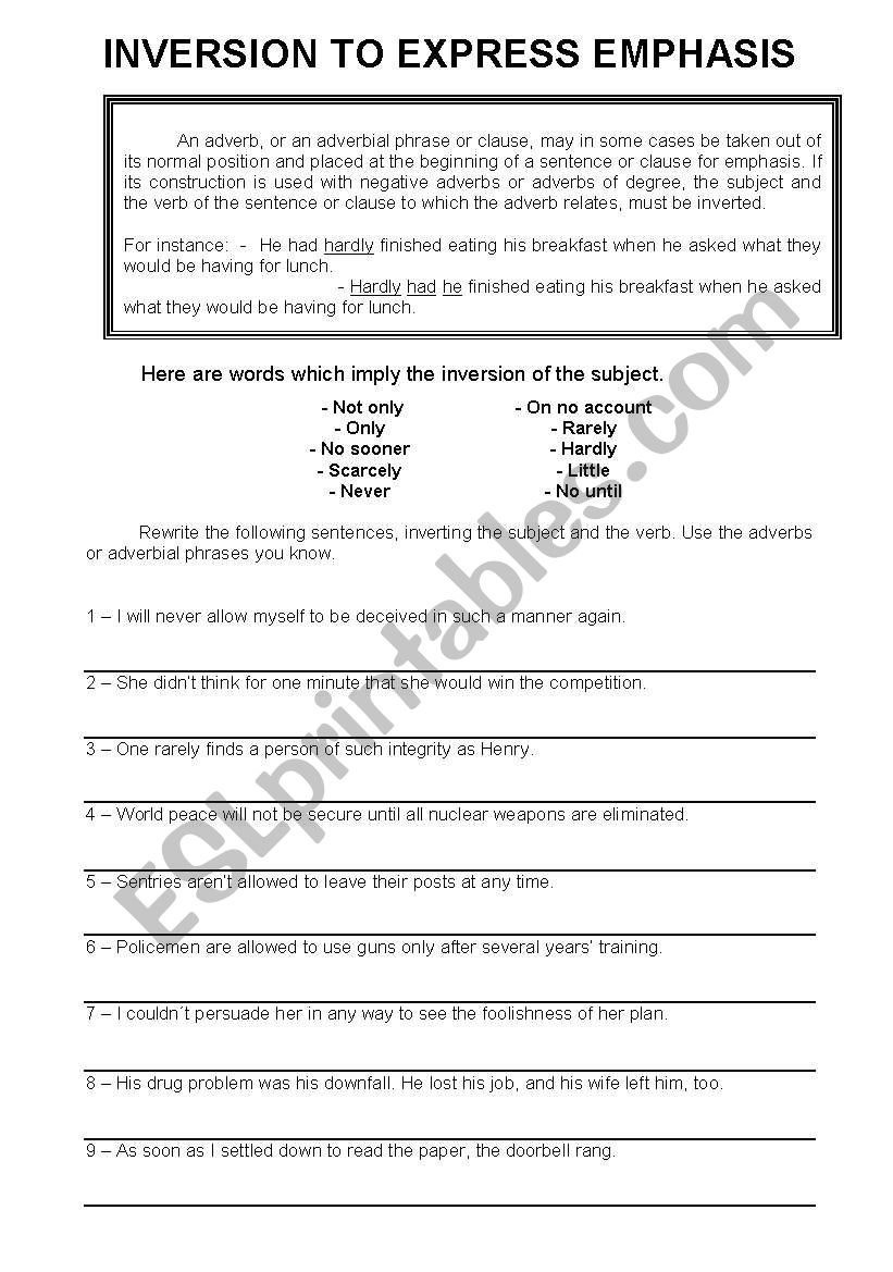 INVERSION OF THE SUBJECT worksheet