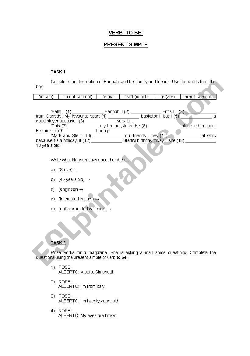 Verb to be (affirmative, negative and interrogative forms)