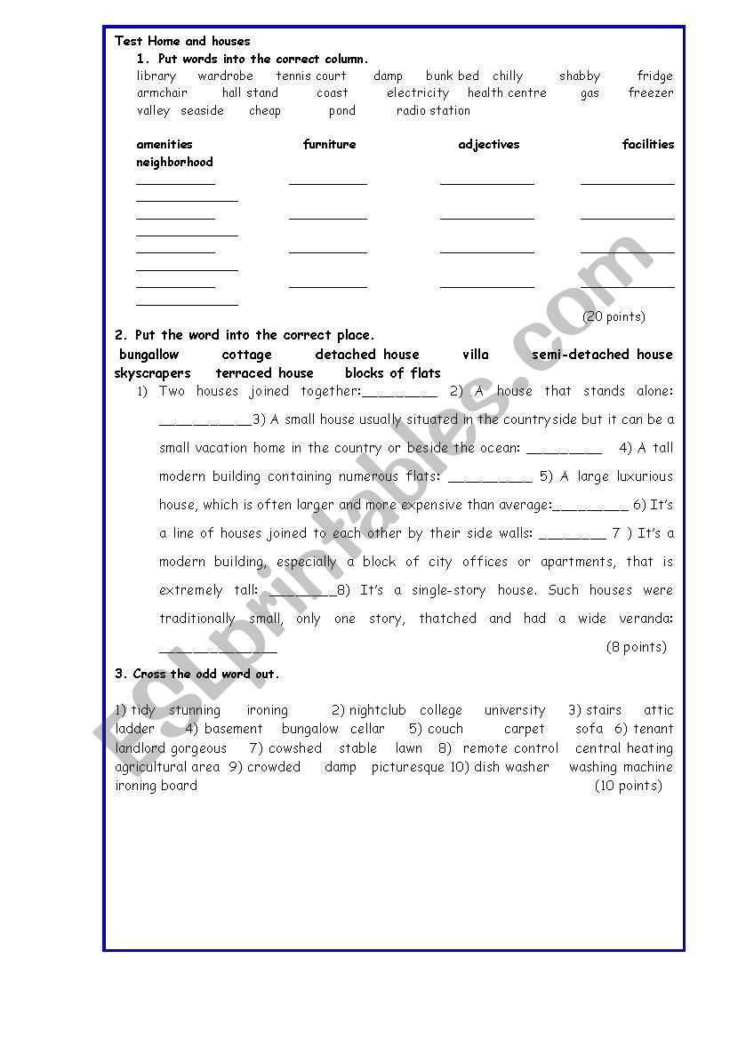 Test: home and houses worksheet