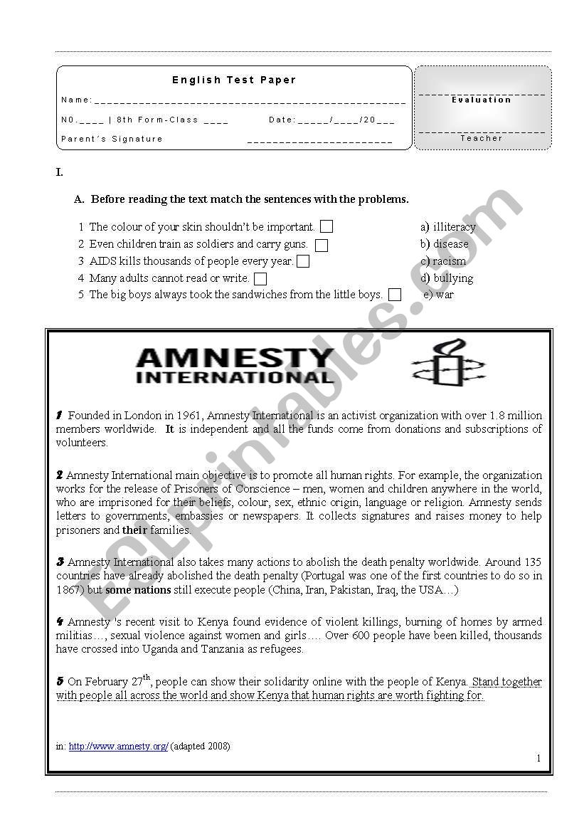 Amnesty International worksheet