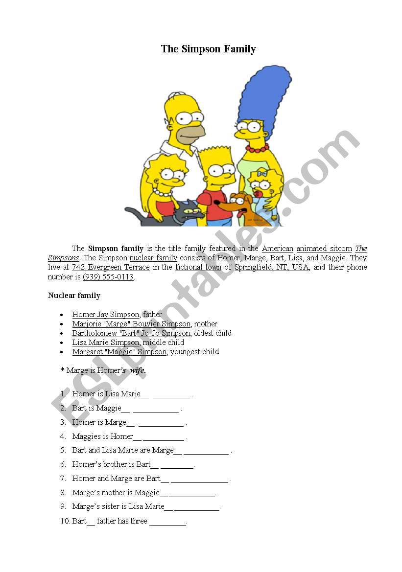 The Simpson Family worksheet