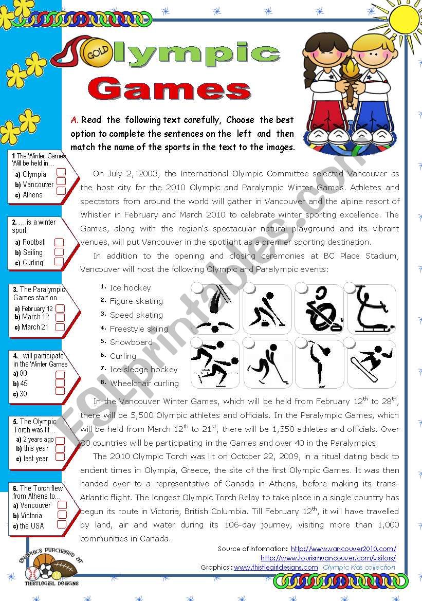 Olympic Games  - Vancouver 2010 for elementary and lower intermediate stds.