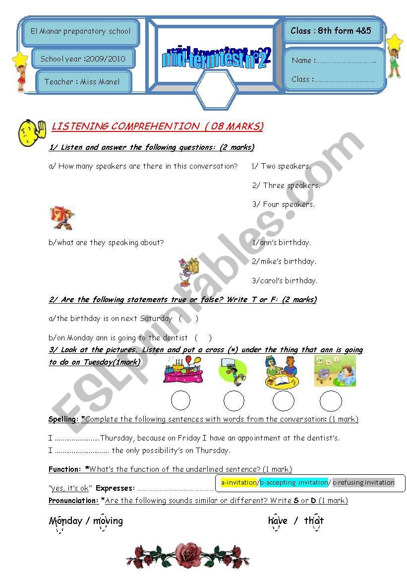 mid term test 8TH FORM worksheet