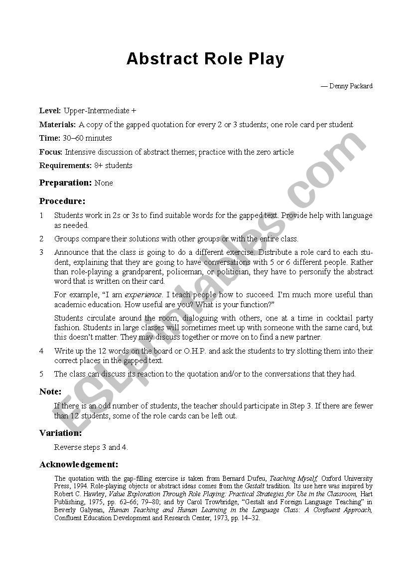 Abstract Role Play worksheet