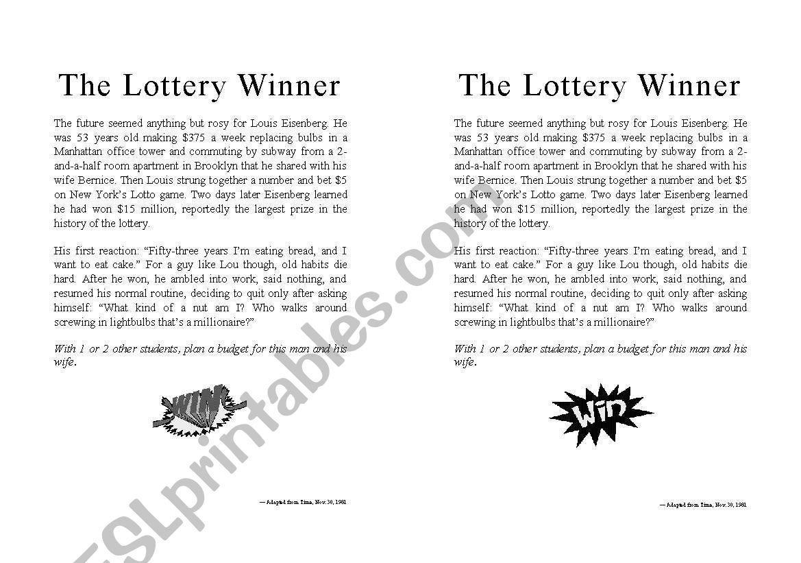 Lottery Winner worksheet