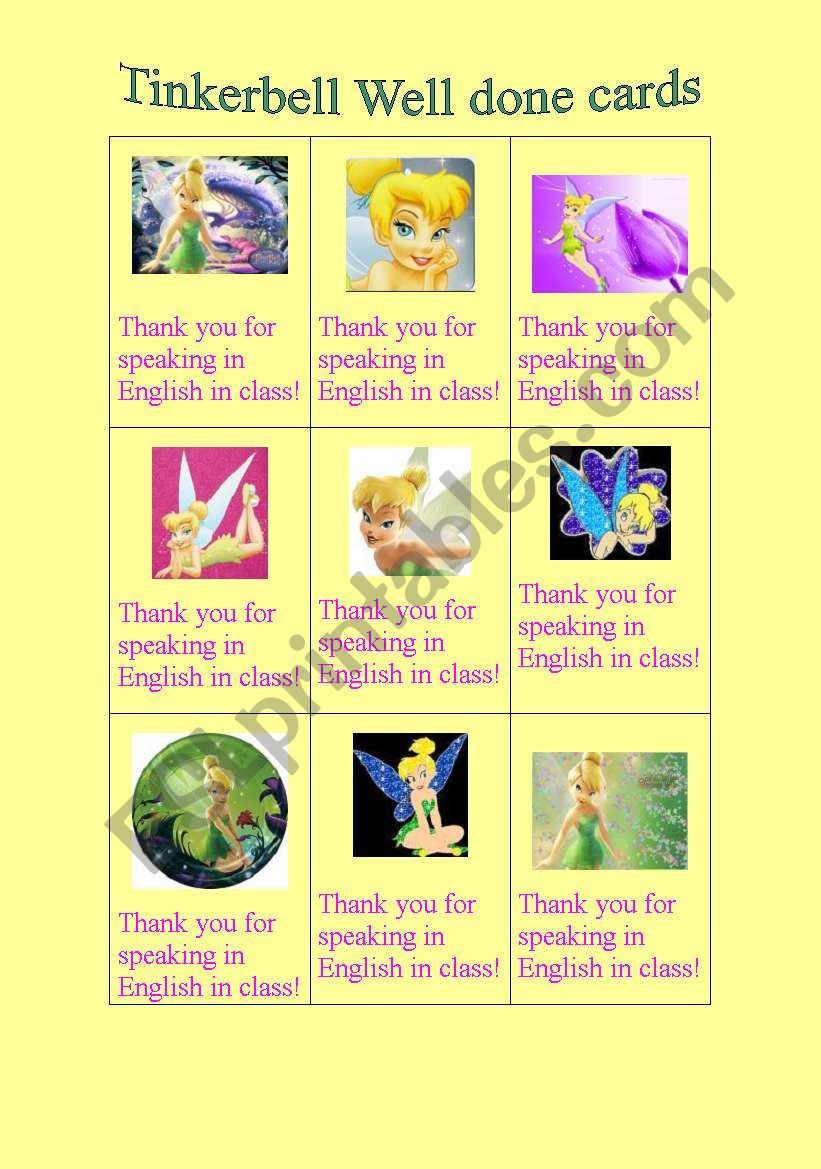 Tinkerbell Well done cards worksheet