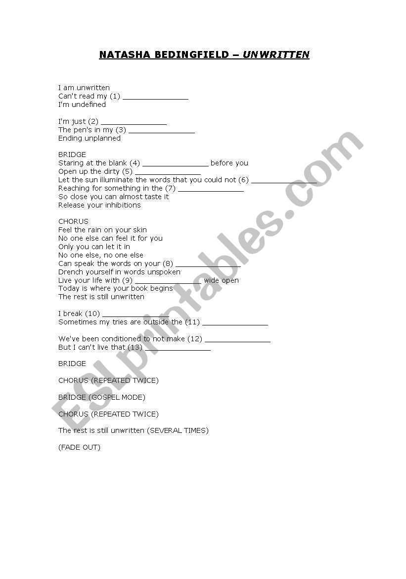 Natasha Bedingfield: Unwritten (lyrics with missing words to complete)