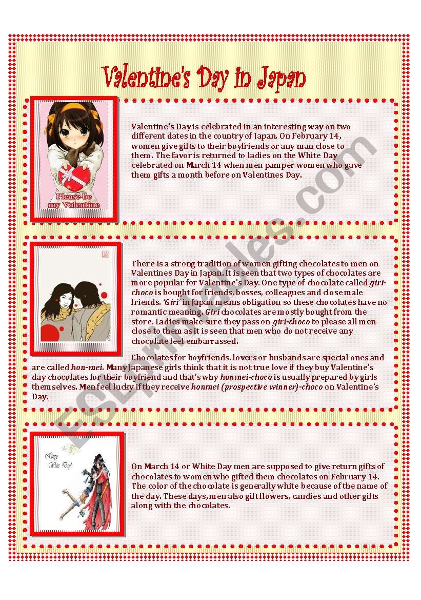 Valentines day in JAPAN worksheet