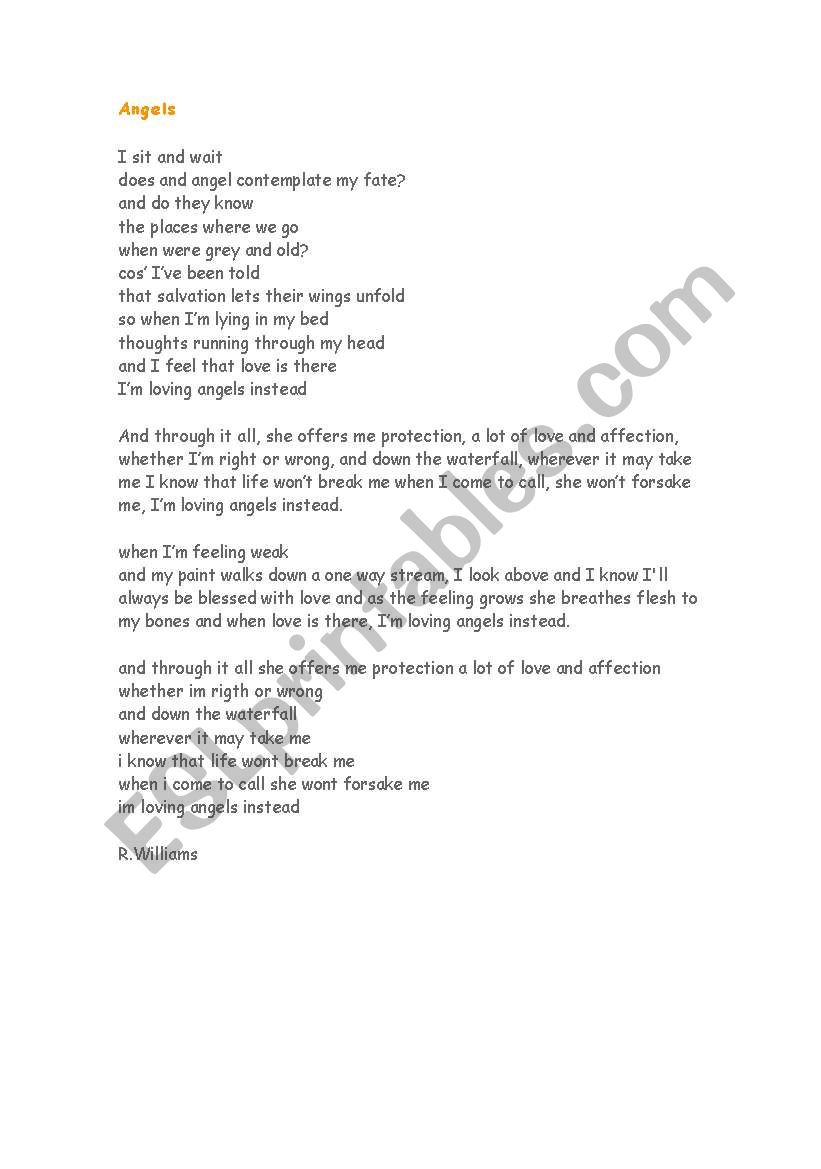 song angels by r.williams worksheet