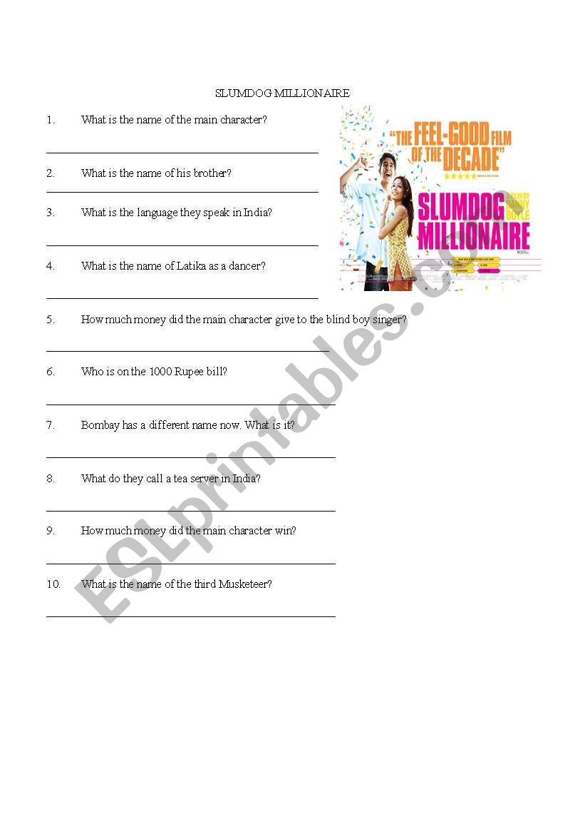 Slumdog Millionaire worksheet