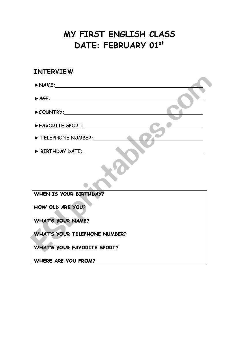 English First class worksheet