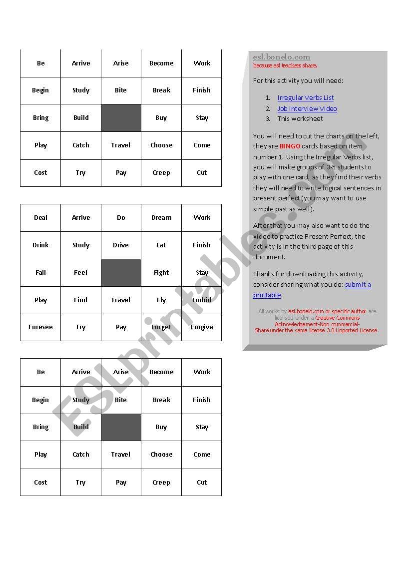 Present Perfect Bingo - Job Interview Listening