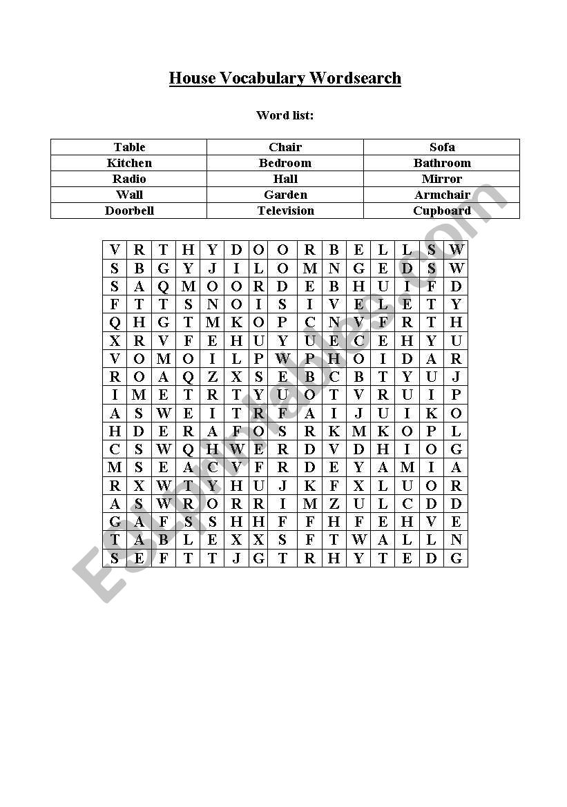 house wordsearch worksheet