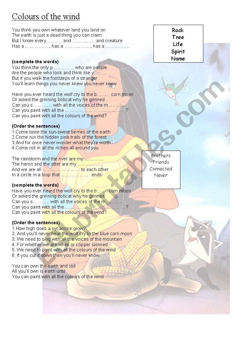 pocahontas song worksheet