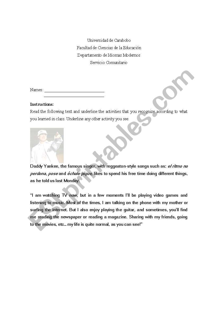 Reading Recognition Activity worksheet