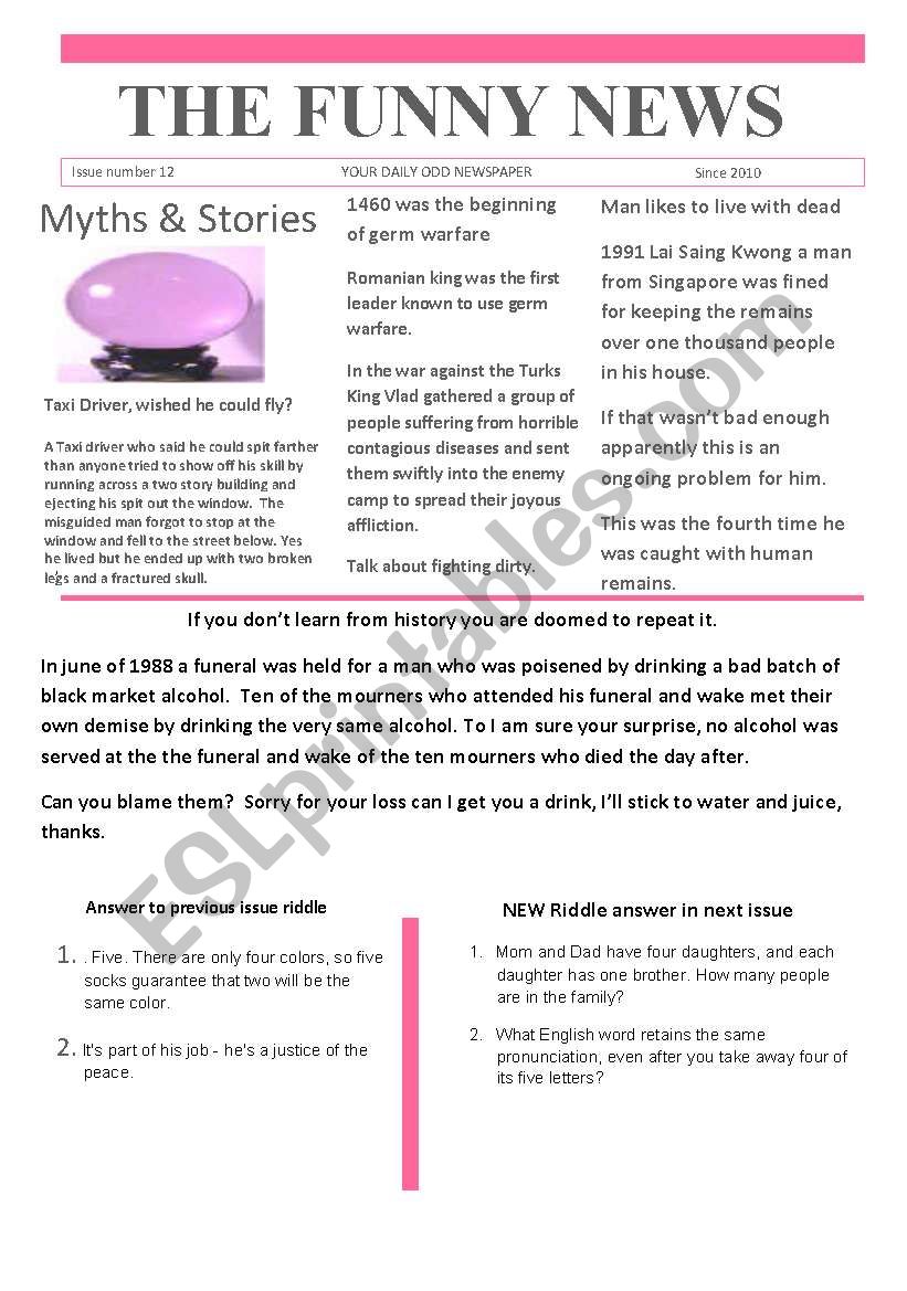 Funny News issue number 12 conversation,reading and writing prompts   Worksheets