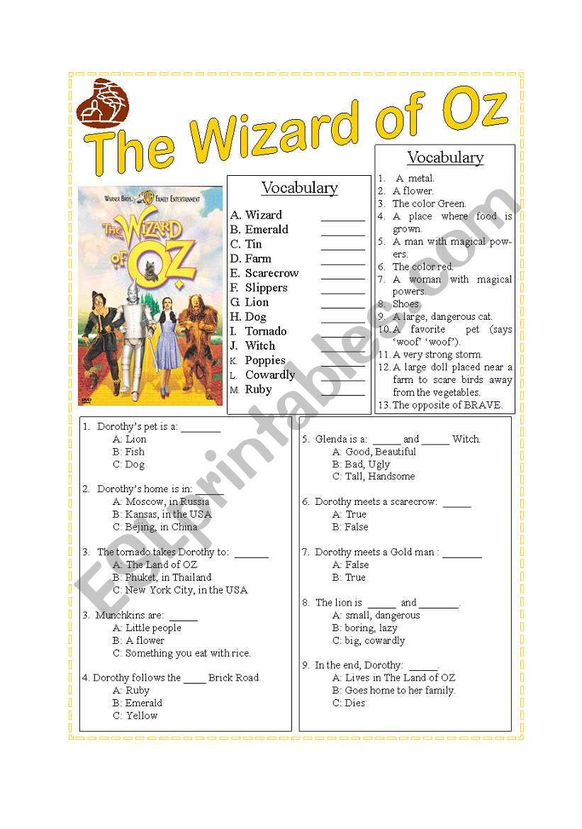 Wizzard of Oz Lesson worksheet