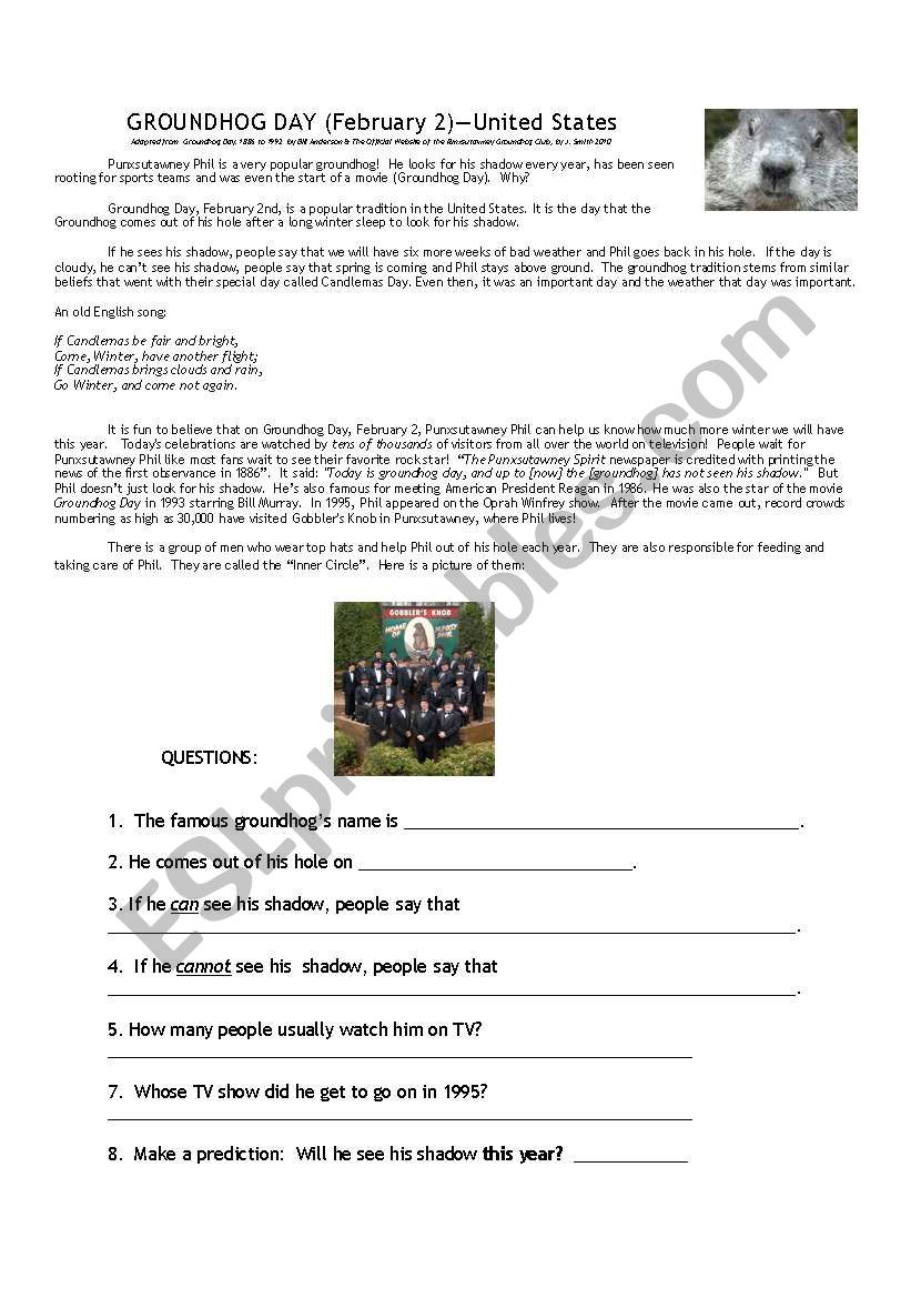 Groundhog Day history worksheet--USA