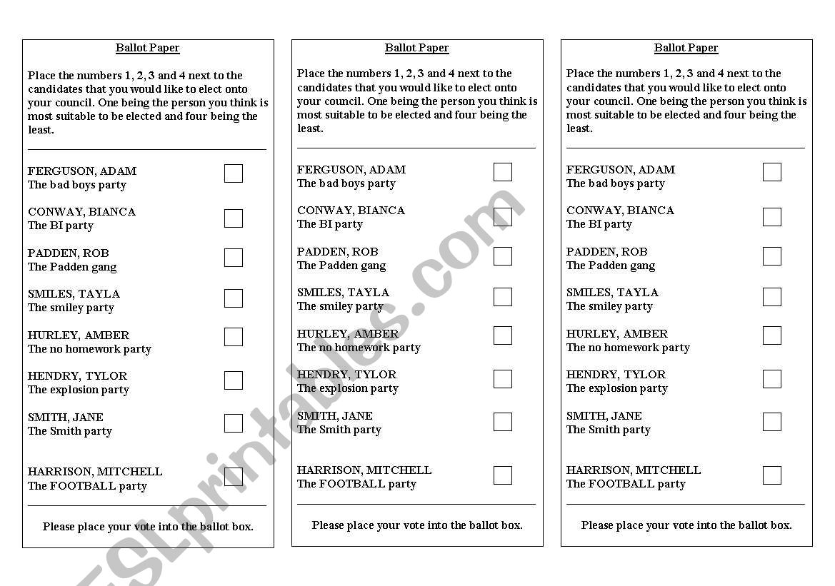Ballot paper to hold a class election