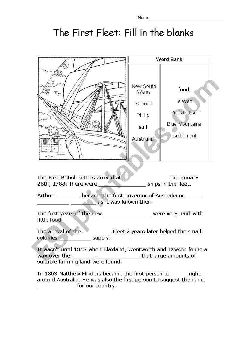 The First Fleet Worksheet worksheet