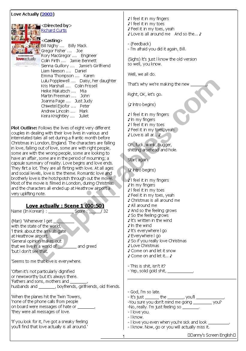 Screen English Worksheet with blanks (Movie : Love Actually) 