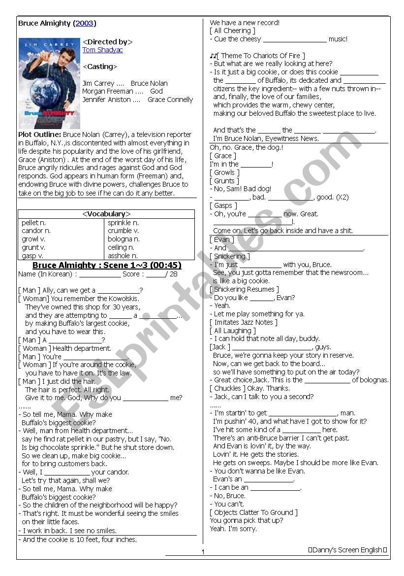 Screen English Worksheet with blanks (Movie : Bruce Almighty) 
