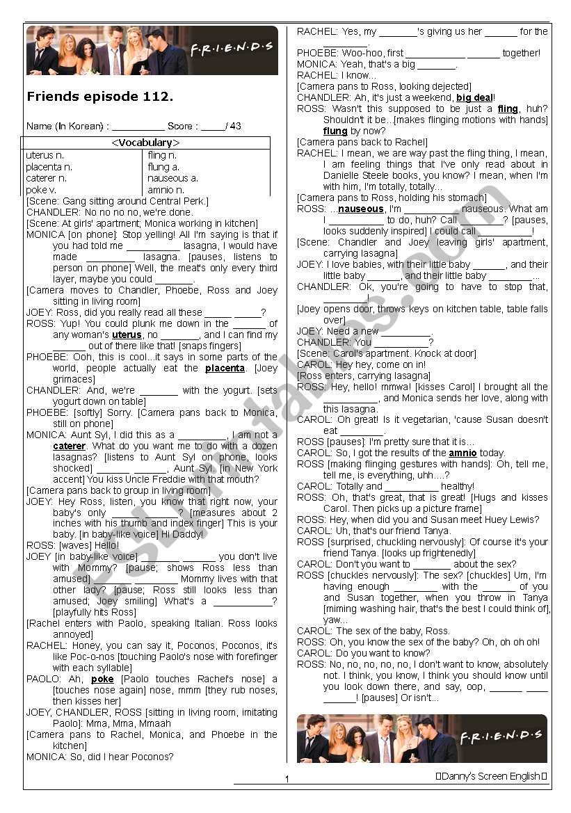 Screen English Worksheet with blanks (Sitcom: Friends 112) 