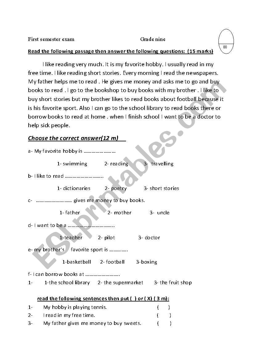 GRADE 9 TEST worksheet
