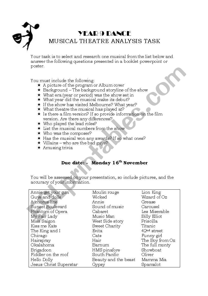 Musical Theatre Analysis worksheet