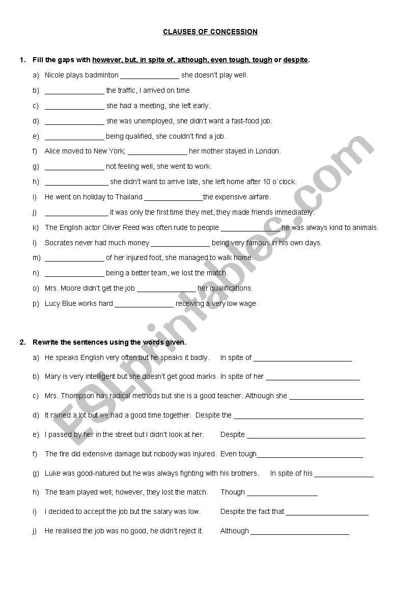 Clauses of concession  worksheet