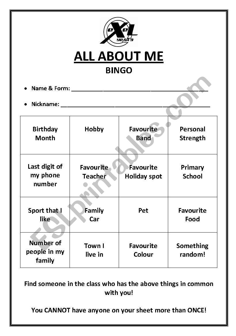 About Me Bingo worksheet