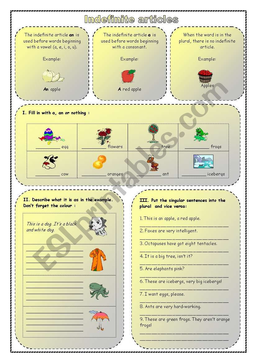 Indefinite articles worksheet